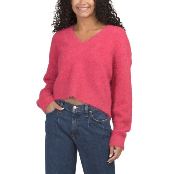 MARINE LAYER Raspberry Wool Blend Teddy Eyelash V-neck Sweater - Picture 1 of 2